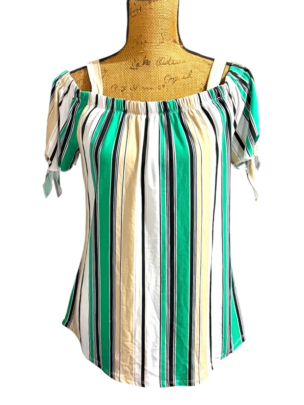 Bobbie Brooks green white cream striped off-shoulder top Women’s size medium |gg